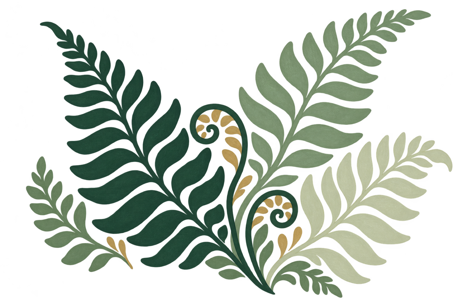 Stylized hand-drawn fern fronds in layered forest and sage greens, with expressive gold-accented fiddlehead curls